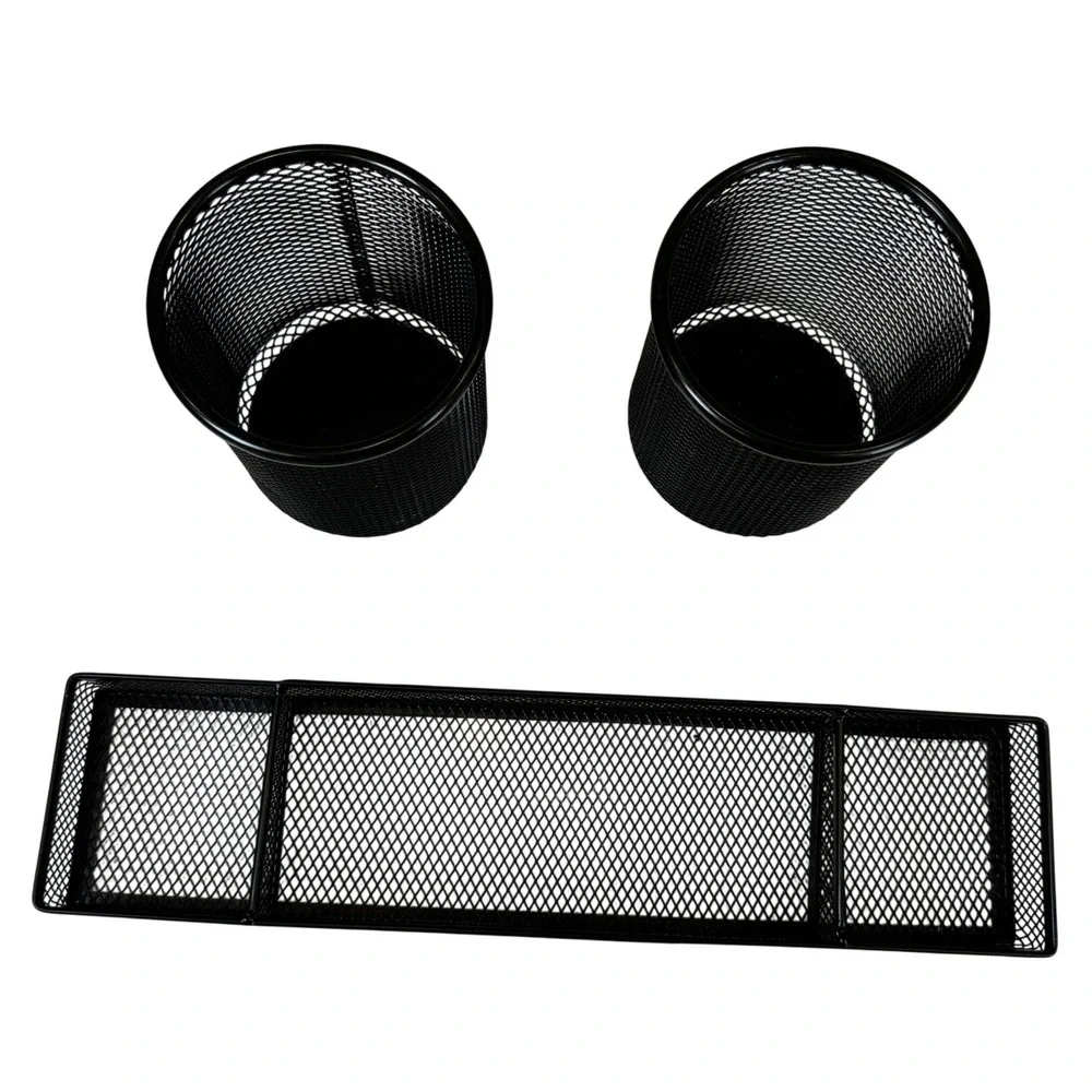 Black Wire Mesh Desk Organizer Set 3 Piece Pencil Cups and Divided Drawer Tray